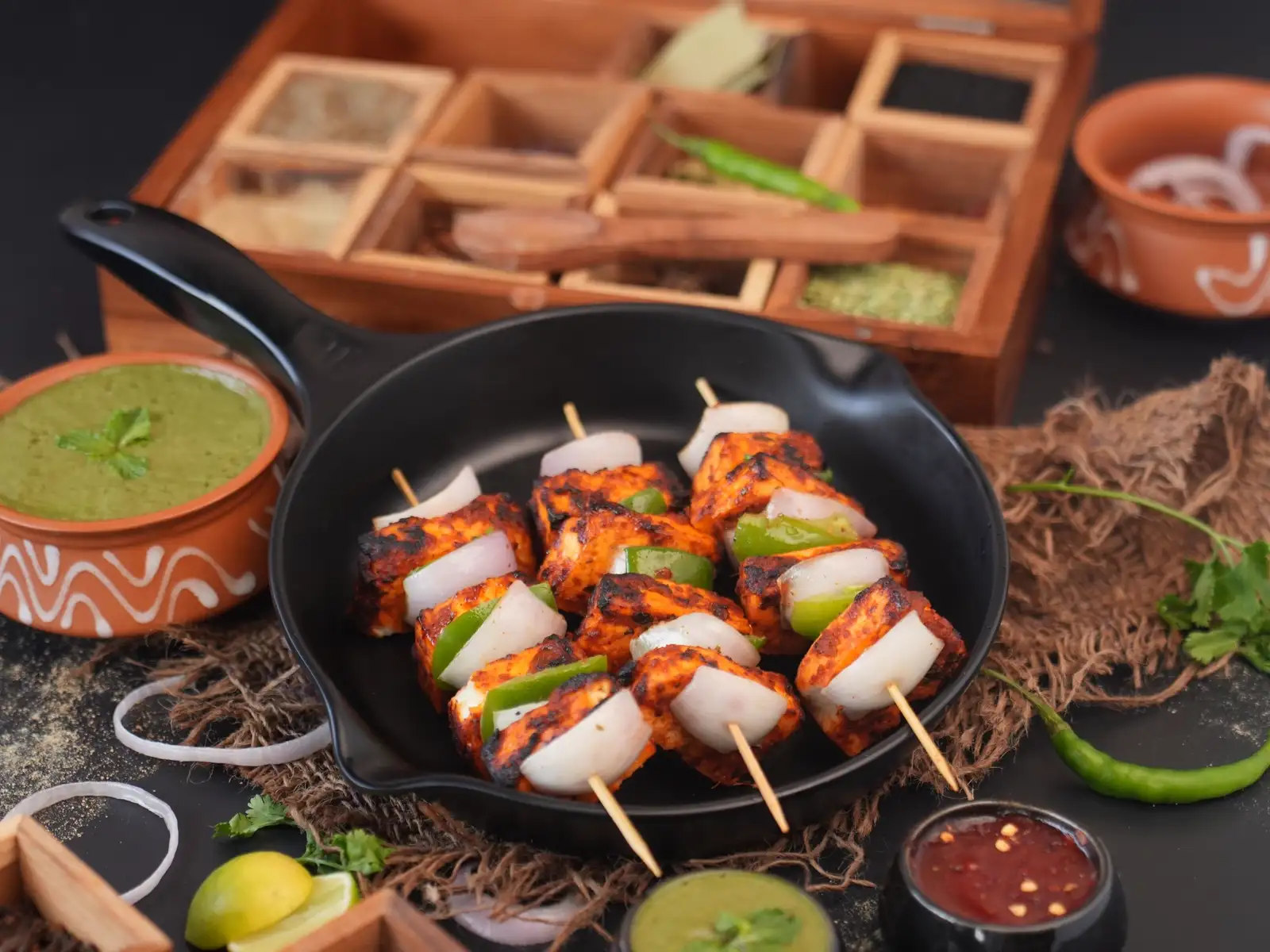 Grilled paneer tikka skewers with onion and capsicum in a black skillet with chutneys