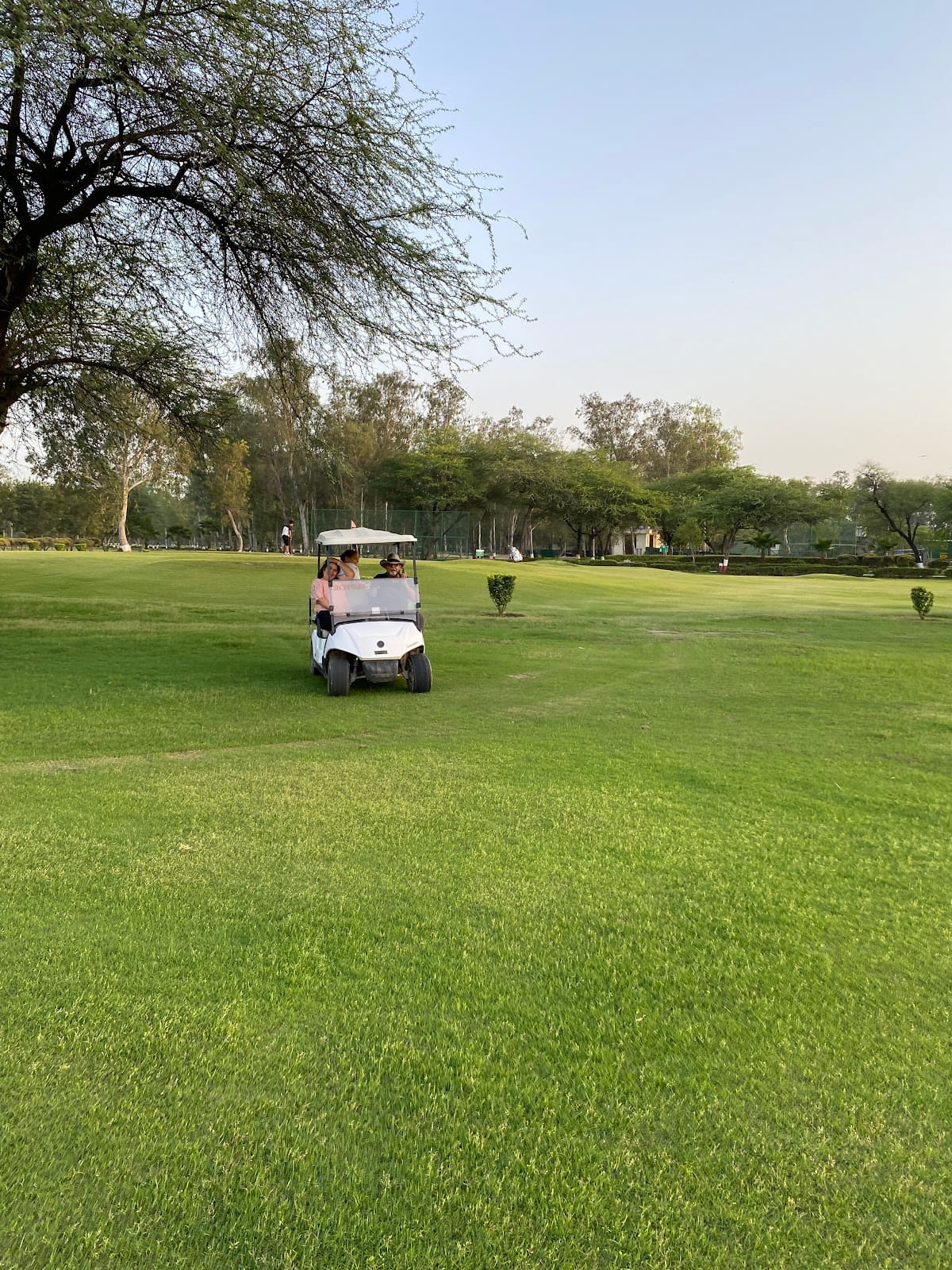 Golf cart with passengers crossing the tree-lined fairway of DDA Lake View Golf Course in morning light