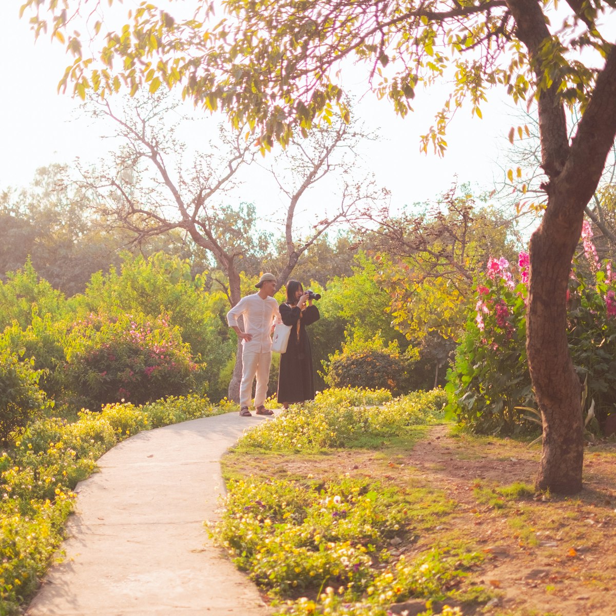 People photographing flowers along a winding path in Nehru Park, Delhi
