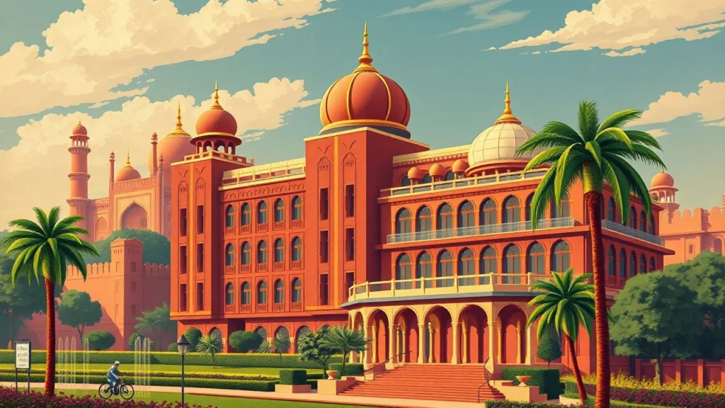 Art Deco painting of J60 Suites hotel in Delhi, showcasing modern design and nearby landmarks like Red Fort and Jama Masjid.