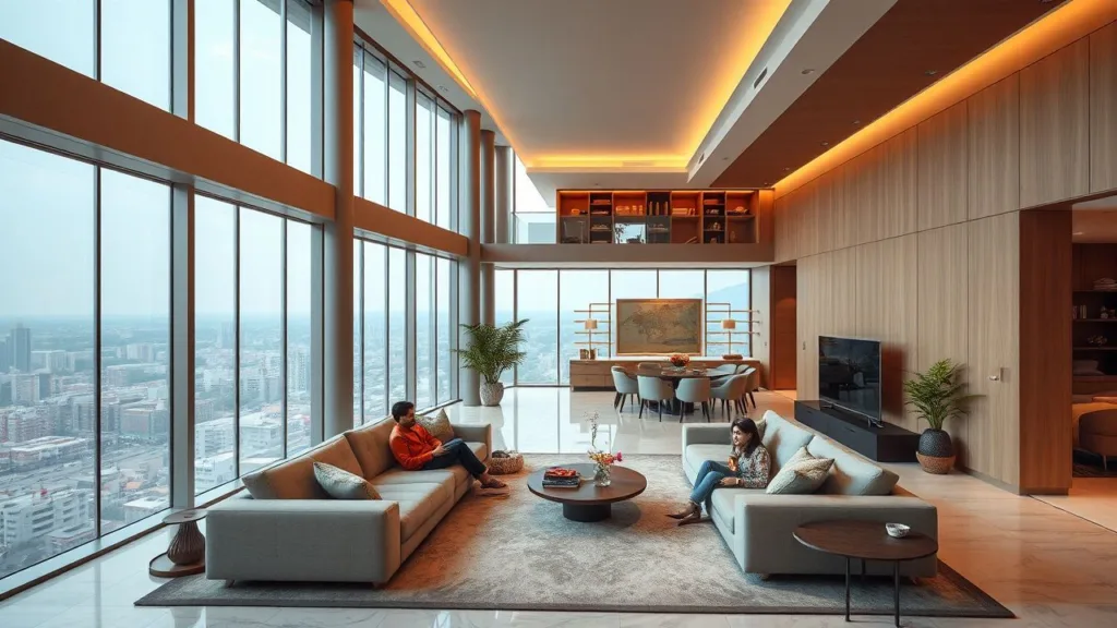 Spacious full-floor apartment in a Delhi high-rise, showcasing a luxurious living room with a city view and comfortable furnishings.