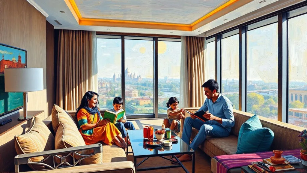 Vibrant oil painting of a spacious family suite at J60 Suites in Delhi, India, showcasing a happy family enjoying the suite's amenities.