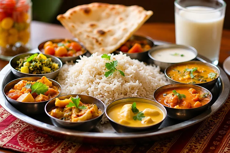 North Indian thali — a steel platter with rice, assorted curries, naan and a glass of milk