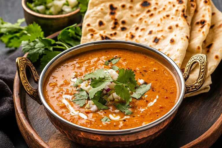 A rich house curry in a copper bowl, finished with cream, coriander and tandoori naan