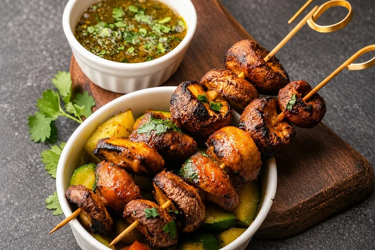 Char-grilled mushroom skewers over pickled vegetables with a coriander dipping sauce