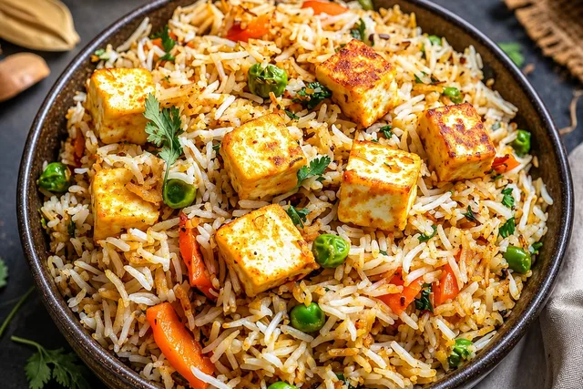 Paneer biryani tossed with peas, carrots and fresh coriander